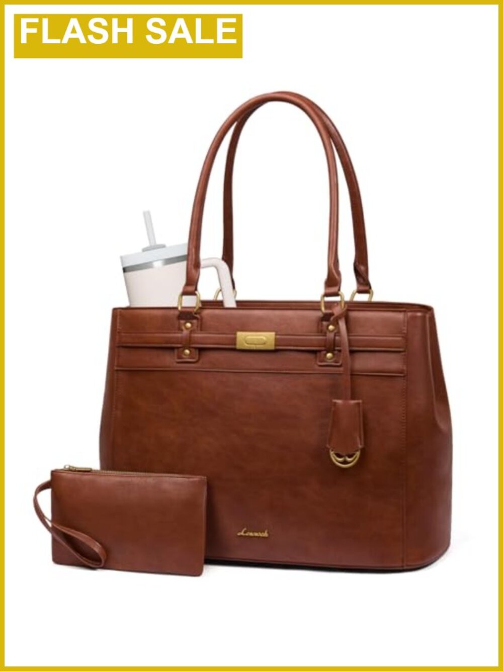 Women's Faux Leather Laptop Tote Bag with Tumbler Pocket Waterproof Work